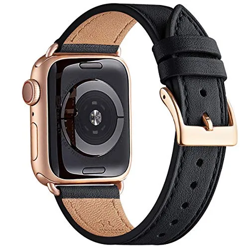 QAZNZ Lederarmband Kompatibel mit Apple Watch Armband 40mm 41mm 38mm, Kompatibel mit iWatch Series 8 7 6 5 4 3 2 1 & iWatch SE,Ultra(38mm 40mm 41mm, Schwarz/Roségold)