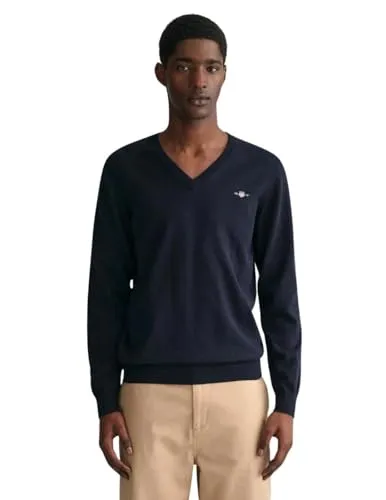 Gant Herren Classic Cotton V-Neck Pullover, Evening Blue, L EU - Pullover für Herren mit V-Ausschnitt, aus hochwertiger Baumwolle gefertigt und mit grafischer Gant-Stickerei für einen stilvollen Look.