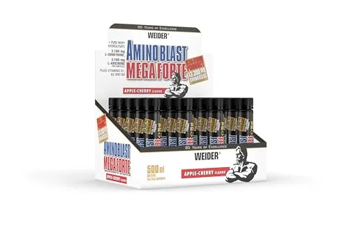 Weider Amino Blast Mega Forte 20 x 25 ml - EAAs & Aminos für Fitness - Protein Shakes & Muskelaufbau, flüssige Aminosäuren mit L-Arginin und Vitamin B6, ideal vor dem Training für optimale Leistung und Muskelzuwachs.