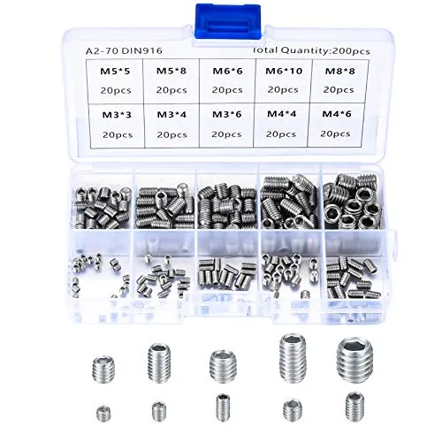 HAOCHEN 200 Stück M3 M4 M5 M6 M8 Gewindestifte, Sechskantkopf, Imbusschlüssel set, Hex Grub Kopf Maschinenschraube Schraube, Edelstahl Schrauben Set