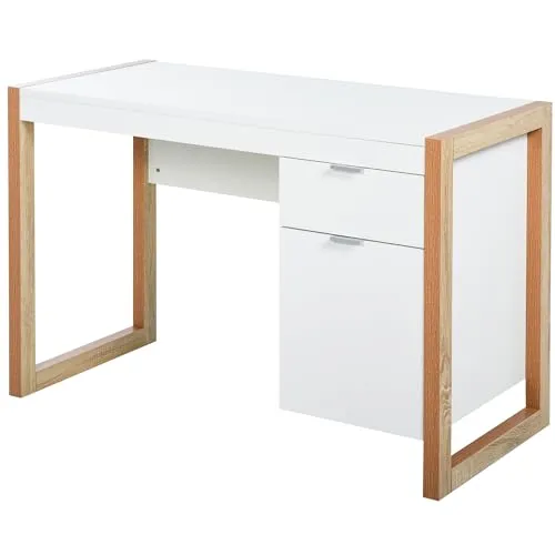HOMCOM Schreibtisch, geräumiger Computertisch mit Schublade, rechteckig, moderner Stil, zusätzliche Dekoration, 112,5 x 50 x 75,5 cm, Weiß
