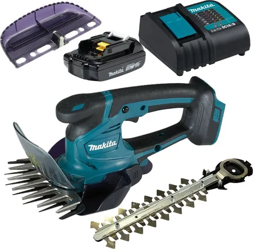 Makita DUM604SYX Rasentrimmer - Vielseitiger Akku-Heckenschneider mit Ladegerät und verschiedenen Aufsätzen für müheloses Schneiden und Sammeln von Schnittgut, ideal für den Garten.