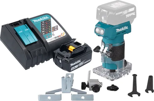 Makita DRT 52 RM1 Akku Kantenfräse 18 V - Fräsen - Präzise Akku-Kantenfräse mit bürstenlosem Motor, LED-Arbeitslicht und XPT-Technologie für optimalen Schutz gegen Staub und Spritzwasser.