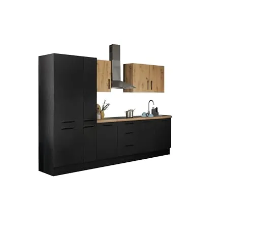 Stella Trading Turin Z Küchenzeile 300 x 211 x 60 cm, schwarz - Moderne Küche mit viel Stauraum - MODERN - Diese Küchenzeile begeistert mit einer stilvollen Kombination aus mattem Schwarz und Artisan Eiche Optik. VIEL PLATZ - Clever gestaltete Fächer bieten optimale Aufbewahrung für Ihre Küchenutensilien. LEICHTE MONTAGE - Schnelle und einfache Montage für jeden.