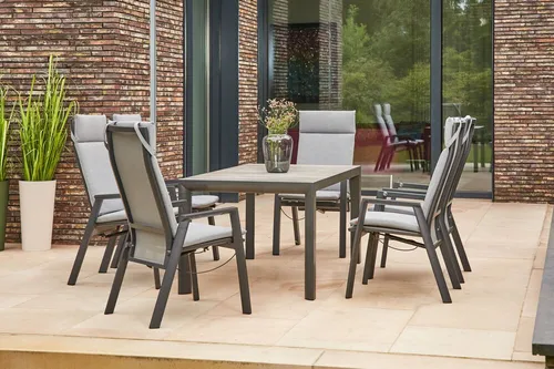 Siena Garden Garten-Essgruppe Silva/Valencia - Moderne Garten-Essgruppe in anthrazit/grau, inkl. 6 verstellbaren Sesseln. Hochwertige Materialien bieten Komfort und Langlebigkeit. Ideal für gesellige Stunden im Freien.