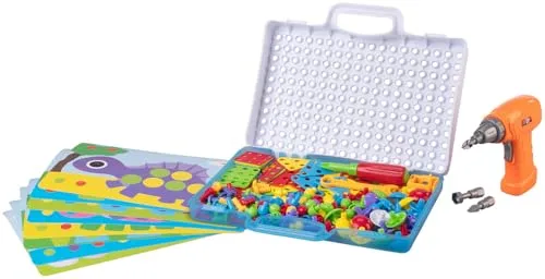 Playtastic Kinder Steckspiele: Mosaik-Steckspiel mit elektrischer Bohrmaschine, inklusive Koffer (Mosaik Kinder, Elektrische Bohrmaschine)