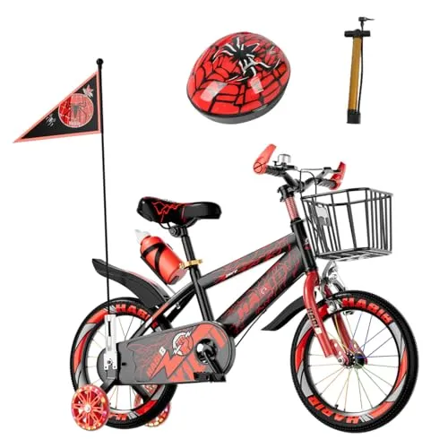 Habib Gruppe Kinderfahrrad Jungenfahrrad 16 Zoll ab 3 Jahre – mit LED Stützrädern, Korb, Klingel & GRATIS Helm & Pumpe, Vorderradbremse (Rot)
