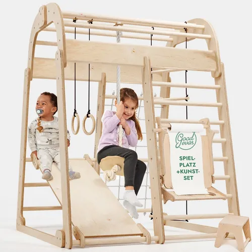 Klettergerüst für Kinder – Montessori Holz-Spielplatz mit Rutsche und Schaukel - Fördern Sie die Motorik und Kreativität Ihrer Kinder mit diesem vielseitigen Klettergerüst aus hochwertigem Holz. Sicher und umweltfreundlich, ideal für Kinder von 3 bis 8 Jahren. Schnelle Montage garantiert!