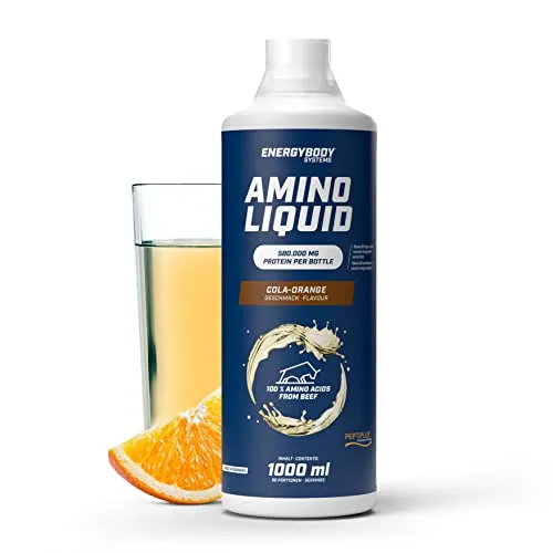Energybody Amino Liquid Cola-Orange 1 L - Flüssige Aminosäuren aus hochwertigem Protein-Hydrolysat, ideal zur Unterstützung des Muskelaufbaus. Genießen Sie diesen leckeren Drink vor, während oder nach dem Training für optimale Ergebnisse.