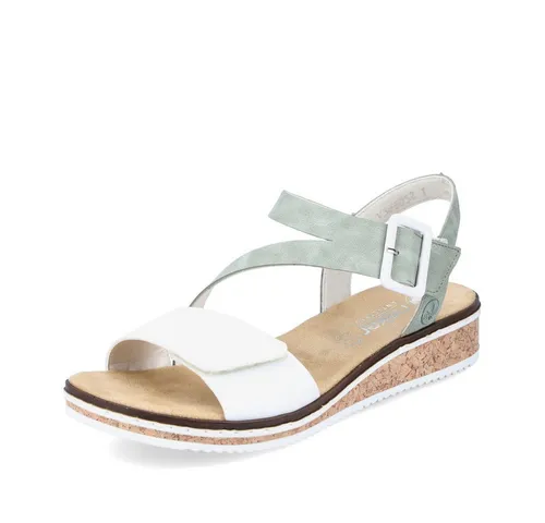 Rieker Riemchensandale mit Keilabsatz - mint-weiß - Elegante Sandalette für den Sommer, mit asymmetrischem Riemchen und bequemen Klettverschlüssen. Ideal für entspannte Tage und leichte Wanderungen.