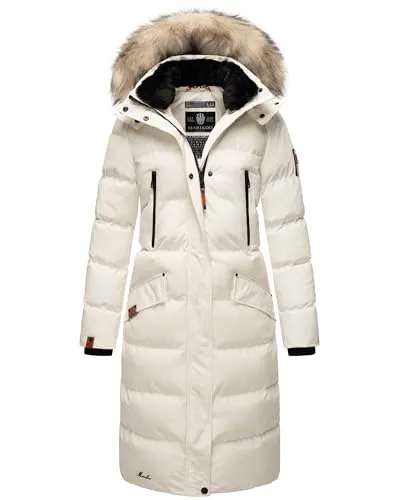 MARIKOO Damen Winter Jacke Stepp Parka Mantel Winterjacke warm gefüttert Kunstpelz Schneesternchen XS-XXL (DE/NL/SE/PL, Alphanumerisch, XS, Regular, Regular, Off White)
