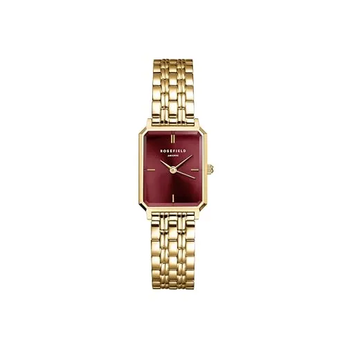 ROSEFIELD Quarzuhr Octagon XS Goldfarben/Burgunderrot - Elegante Armbanduhr für Frauen mit präzisem Quarzwerk und stilvollem achteckigen Gehäuse, ideal für jeden Anlass und wasserdicht bis 3 bar.
