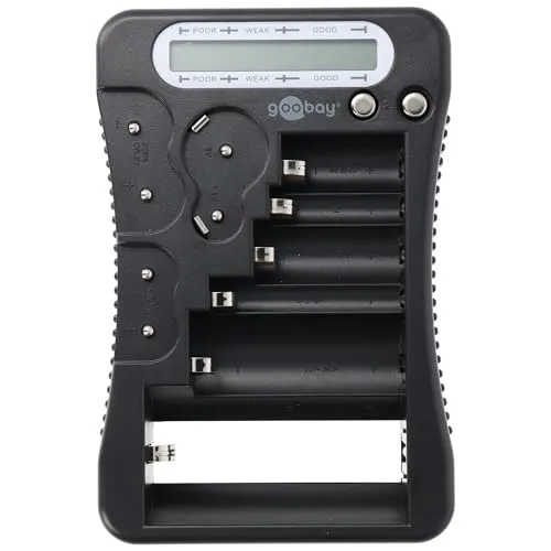 Goobay 64889 Batterietester für alle Batterien & Akkus Batterietester für AAA/AA/C / 9V / D/N & 1,5V Knopfzelle Batterieprüfgerät LCD Display Schwarz