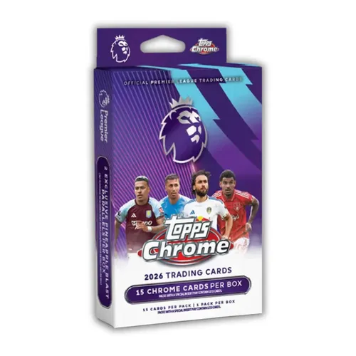 Topps Premier League Chrome 2025/26 Hanger Box - Limitierte Auflage von Sport Trading Cards in der beliebten Topps Box, ideal für Sammler und Fans der UEFA Champions League. Hochwertige Kartengröße aus robustem Material für langanhaltenden Spaß.