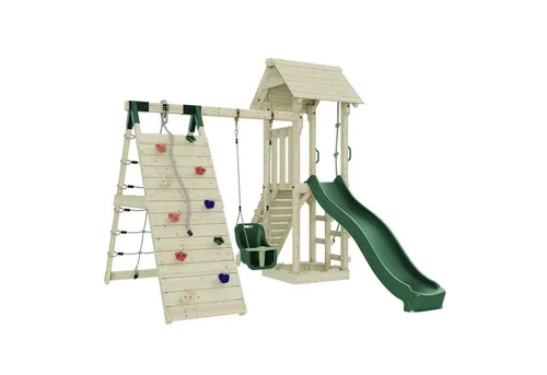 Rebo Spielturm Trondheim in Dunkelgrün mit Babyschaukel - Schaukeln – Robuster Spielturm in Dunkelgrün mit integrierter Babyschaukel für sicheres und spaßiges Spielen im Garten.