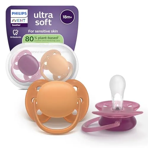 Philips Avent ultra soft Schnuller, kiefergerecht geformte Schnuller für Babys ab 18 Monaten, flexibles Saugerschild, extra fester Silikonsauger, BPA-frei, 2er-Pack, Rot und Orange, SCF093/03