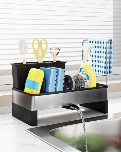 Eleancy Küchen Spülbecken Organizer – Schwammhalter mit automatischer Abflussfunktion – für Schwämme, Bürsten & Handtücher (Küche), Spülutensilien-Aufbewahrung & Küchenorganisation (Schwarz)