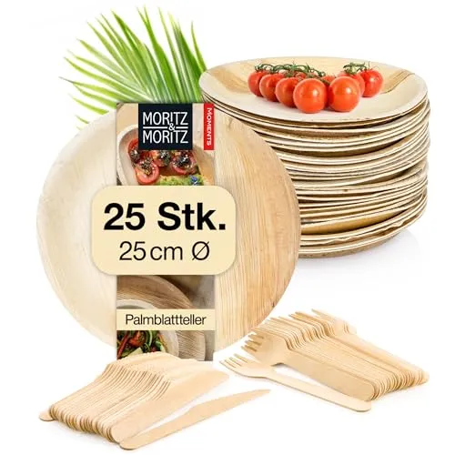 Moritz & Moritz Nachhaltiges Palmblatt Geschirrset für 25 Personen - Einwegteller-Set mit 25 Palmblatt Tellern Ø 25 cm und Holzbesteck, biologisch abbaubar und umweltfreundlich – perfekt für Partys und Events!