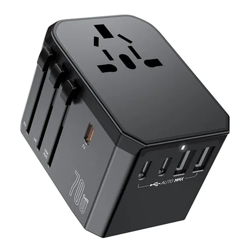 70W Reiseadapter Weltweit, Steckdosenadapter mit 3 USB-C, 2 USB-A und 1 AC Steckdose, Reisestecker für Deutschland USA UK Frankreich Spanien Japan Thailand Italien AUS über 200 Länder