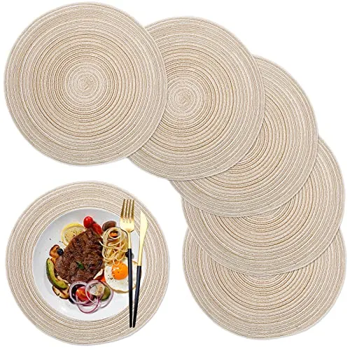 maifey Tischset/Platzsets,Rund gewebte Tischsets,Rund Baumwolle Platzsets Abwaschbar,6 Stück, 36cm, für Küche Speisetisch, Party Dekor(Beige)