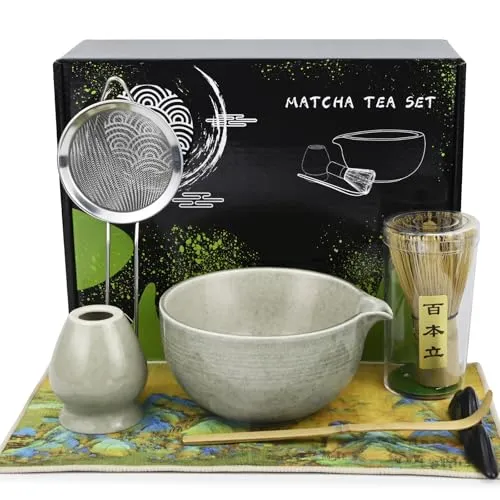 lompyeu Matcha Set,7 Stück Macha Tea Set mit Matcha Filtersieb, Matcha-Besen, Matcha Schale, Matcha Löffel Teetuchunterlage,Geschenkset für die Traditionelle Matcha Zubereitung (Grün）