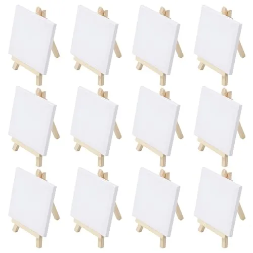 BUCOMTU 12 Mini Staffelei, Mini Leinwand 10 x 10 cm, Massivholz Staffeleien klein 15 x 8 cm, faltbarer dreieckiger Ständer, handbemalte DIY Kreationstafel,Kindermalerei/Kunstdisplay