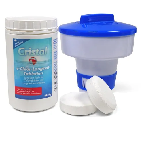 CRISTAL e-Chlor-Langzeit-Tabletten 200g 1,0 kg + Dosierschwimmer Pool Schwimmbad