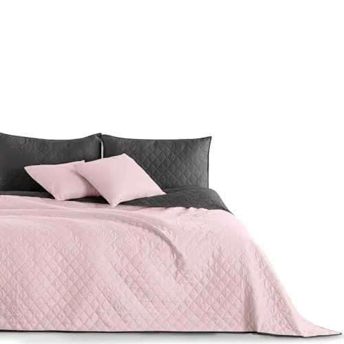 DecoKing 32879 Tagesdecke 170 x 270 - Zweiseitige, pflegeleichte Tagesdecke aus widerstandsfähigem Polyester, ideal als Bettüberwurf oder Sofadecke in stilvollem rosa und anthrazit.