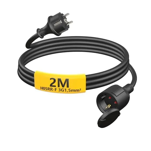 HUARUI Verlängerungskabel Outdoor 2m, Gummi Stromkabel Verlängerung mit Schuko Stecker für den Außenbereich IP44, Kabelverlängerung H05RR-F 3G1,5mm² mit Schutzkappe, Elektrokabel außen, 3500W, Schwarz