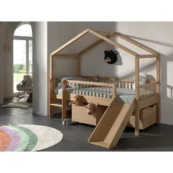 Vipack Hausbett aus Eiche, 90x200 cm, inkl. Rutsche & Schublade