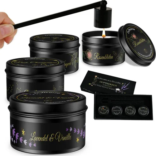 Geschenkset für Frauen, 4x Duftkerzen mit Kerzenlöscher, Geburtstagsgeschenk