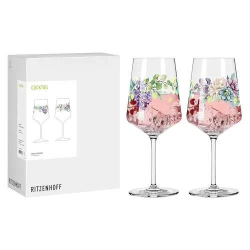 RITZENHOFF 8231002 Aperitif-Glas Sprizz 500 ml - 2er-Set - Serie Home & Garden, Pflanzen-Motiv, bunt - Made in Germany