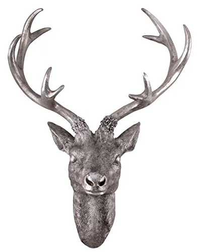 Spetebo Hirschgeweih 10 Ender - Wand Deko in Silber Optik 61x50 cm - Hirschkopf Skulptur Jagd Geweih