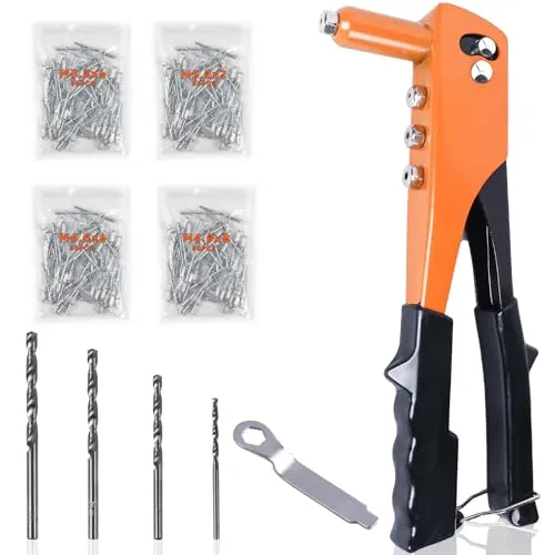 WUFANC Nietenzange Set, Metallmaterial Nietzange Set, Nicht Leicht Zu Verformen und Zu Verbiegen, Blindnietzange Nnklusive 200 Nieten und Vier Bohrer, für Nummernschilder, Möbel und Türschlösse