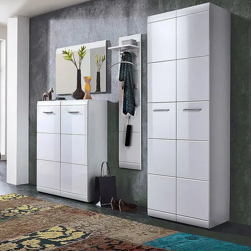 Hochglanz Garderoben Set mit Spiegel - Moderne Flurmöbel mit ausziehbarer Kleiderstange und Platz für Schuhe, ideal für einen stilvollen Eingangsbereich.