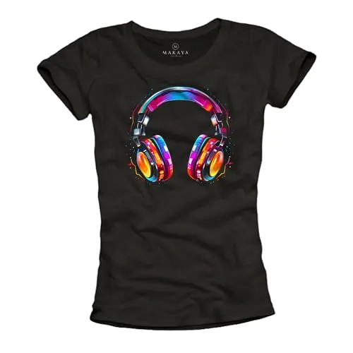 MAKAYA Hip Hop T-Shirt Mädchen Musik Queen Kopfhörer Motiv Damen Top Frauen Sommer Oberteile Schwarz XL