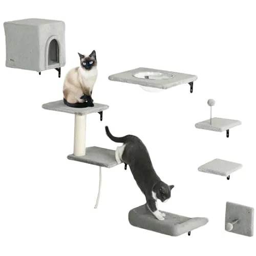 PwaHut Kletterwand Katzen 7-teilig - Katzenmöbel Set mit Haus und Kratzbaum - Aktivitätskratzbäume für Katzen bis 5 kg, robustes Design mit Plüschkissen, ideal für erhöhte Ruheplätze und mehr Platz im Wohnraum.
