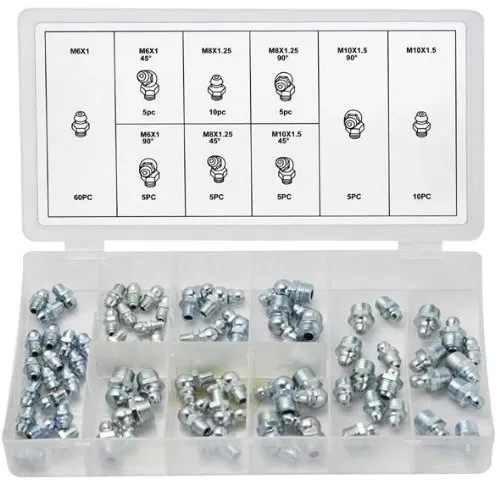 Alkan Schmiernippel-Sortiment Kegelschmiernippel Satz Hydraulik-Fettnippel für Schmierpressen (metrisch) M6x1.0 M8x1.25 und M10x1.5 in gerade und abgewinkelt 45° 90° 110-tlg.