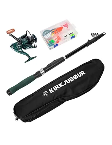 KIRKJUBØUR® Agnatha Teleskop-Angelrute Set – 2,70 m Angelset mit Rolle und Zubehör - Angelruten – Hochwertige Fiberglasrute für Einsteiger und Profis, ideal für jedes Angelabenteuer, inklusive Zubehörbox und wasserabweisender Tragetasche.