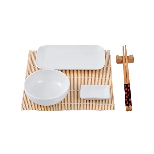 MasterPro Foodies | Sushi Set 12-teilig | Inklusive Soßenschalen, Telller, Esstäbchen und Tischdecke | Porzellan, Bambus und Holz | Sushi Maker | Ideal für den Genuss typisch japanischer Gerichte