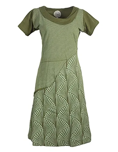 Produktbild Vishes Damen Kurzarm Lagenlook Kleid Hippie Streifen Punkte Muster Olive 42-44