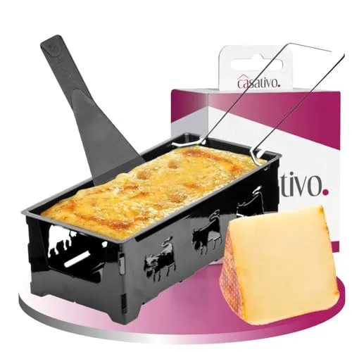 Casativo Raclette-Teelicht für 1 Person, Raclette Set ohne Strom inkl. Teelichtern und Schaber, Metall mit originell ausgestanzten Kühen, antihaftbeschichtet