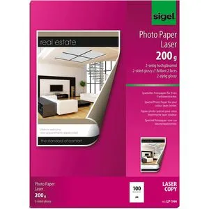 Sigel Fotopapier LP 144, für Farblaser, A4, 200 g/m², beidseitig bedruckbar, hochglänzend, 100 Blatt