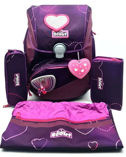 Scout Schulranzen Set Alpha Exclusiv Superflash Lovely 5-teilig - Schulranzen Set für Mädchen mit Herzdesign, inklusive Brust- und Hüftgurt für optimalen Tragekomfort und Sicherheit. Perfekt für die Schule!