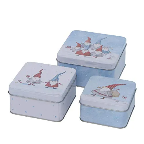 CasaJame 3er Set Metall Keksdose Plätzchendose eckig hellblau Weihnachtswichtel sortiert 9-12cm