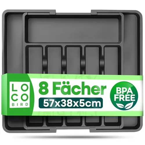Loco Bird Besteckkasten für Schubladen ausziehbar bis 50cm - Besteckeinsatz aus Kunststoff verstellbar - Besteck Organizer Küche - Schubladeneinsatz Küche - Cutlery Organizer