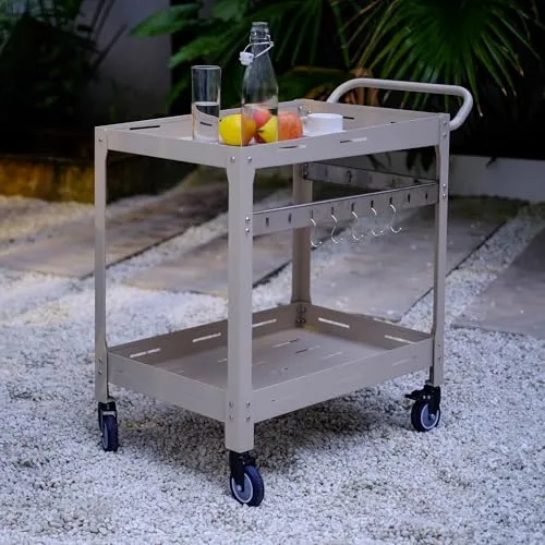 casa.pro Outdoor Servierwagen Bard - Vielseitiger Servierwagen aus pulverbeschichtetem Stahl, ideal für Garten und Büro, mit 2 Ablagen und 5 Haken für clevere Aufbewahrung – mobil und stylish.
