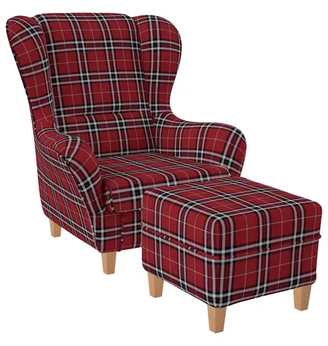 Supellex Sofia Ohrensessel mit Hocker | Design Oxford kariert Rot - Ohren- & Armlehnensessel mit elegantem kariertem Design, ideal für stilvolle Wohnräume und entspannende Momente.