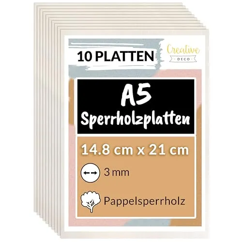 Creative Deco 10 x A5 Sperrholzplatte 3mm Pappelsperrholz | 148 x 210 (+/- 2) mm | Dünne Holz-Zuschnitte | Perfektes Blatt für Laubsäge, Brandmalerei, Laserschnitt, CNC Router, Durchbrochenes