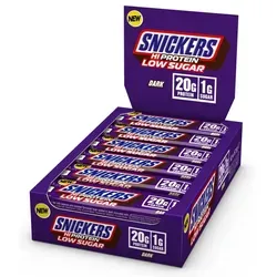 Snickers Low Sugar DARK High Protein Bar - 12er Karton - Sportnahrung mit weniger Zucker, reich an Proteinen und umhüllt von dunkler Schokolade für den perfekten Snack nach dem Workout.